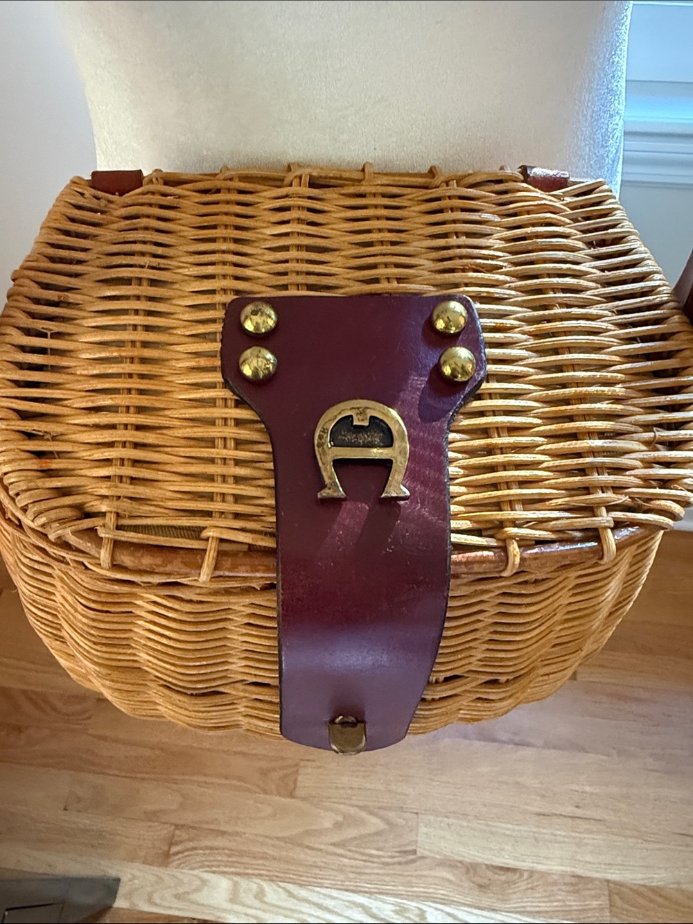ETIENNE AIGNER 1950’s Vintage Creek Rattan Basket Oxblood Leather Crossbody Bag
